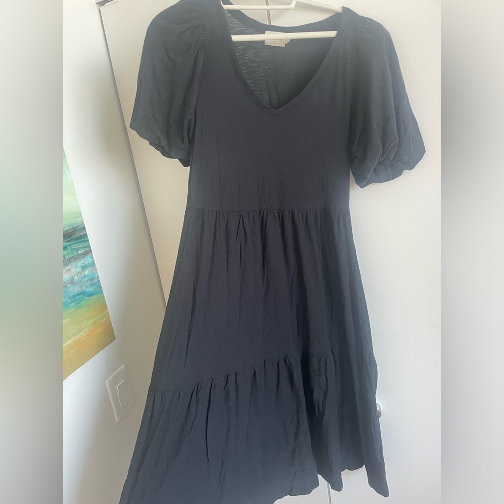 Nation LTD Puff Sleeve Black Midi Dress